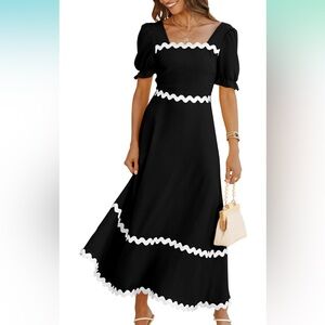 Square Neck with Short Puffed Sleeve Smocked Dress